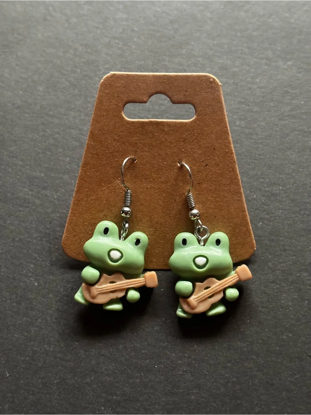 Green Frog Guitar Dangle Earrings | Cute Kawaii Kids